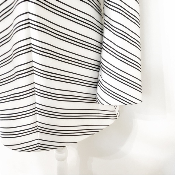 Amur WHITE BLACK SATIN STRIPED HALTER OFF THE SHOULDER LONG BELL SLEEVE DRESS - Picture 7 of 12